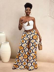 BamGleam Elastic Waist Retro Floral Retro Print Design Loose Wide Leg Summer Pants - Multicolor - View 5