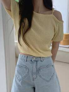 DAZY Niche Design Asymmetrical Shoulder Tie-Strap Short Sleeve Knit Top - Yellow - View 6