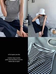 DAZY Women's Sleeveless Striped Knit Tank Top, Casual Layering Vest - Black and White - View 1