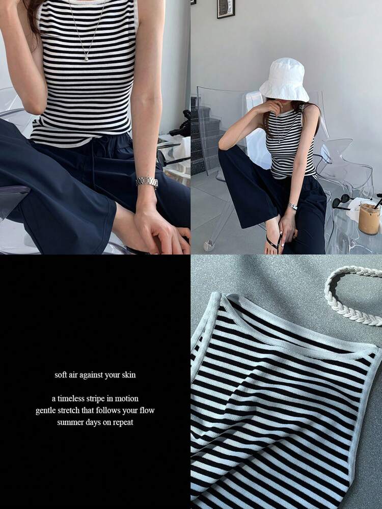 Women's Sleeveless Striped Knit Tank Top, Casual Layering Vest Summer