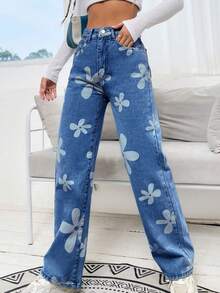 SHEIN EZwear 休闲水洗印花直筒牛仔裤 - 深色水洗藍 - 查看 5