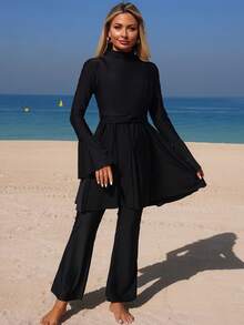 Swim Mulvari Spring/Summer Black Knit Fabric Waist Tie Twist Turtleneck Long Flare Sleeve Ruffle Hem Top & Flare Pants Muslim Style Women 2-Piece Set - Black - View 3