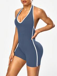 Solea Cove Women's Seamless Solid Color Halter Backless Romper - Dusty Blue - View 3