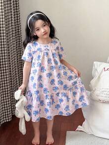 SHEIN Young Girl Cute Cartoon Fox & Tiger Print Round Neck Loose Woven Nightgown,Kids - Pink - View 2