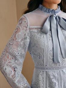 Anewsta Women's Elegant Water-Soluble Embroidered Patchwork Cinched Waist Long Sleeve Blue Dress, Spring Valentine's Day Outfit - Blue - View 1