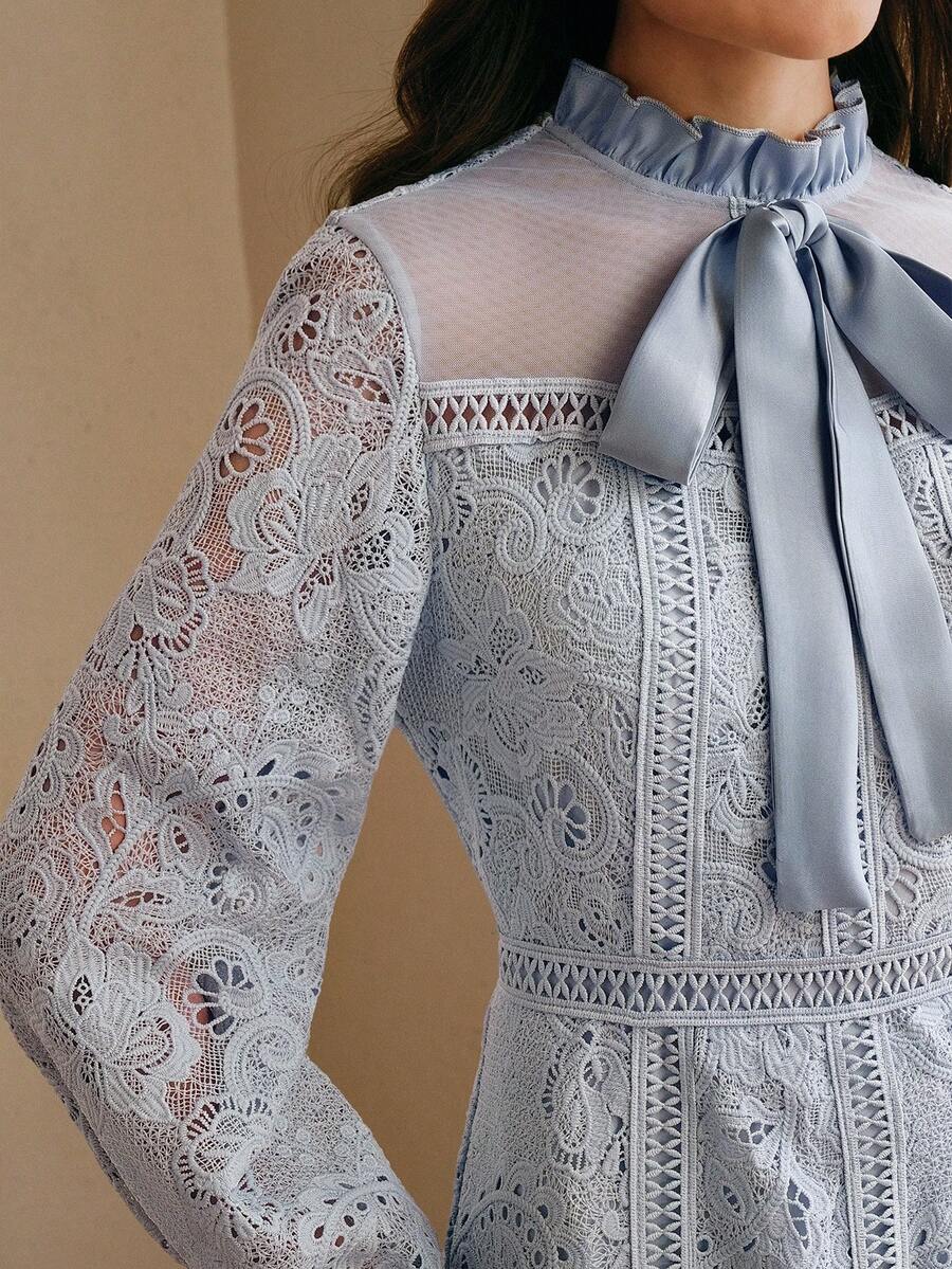 Anewsta Women's Elegant Water-Soluble Embroidered Patchwork Cinched Waist Long Sleeve Blue Dress, Spring Valentine's Day Outfit - Blue - View 1