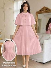 SHEIN Set Gaun Tanpa Lengan Berlipit dan Selendang Pesta Elegan untuk Remaja Perempuan - Berwarna merah muda - View 1