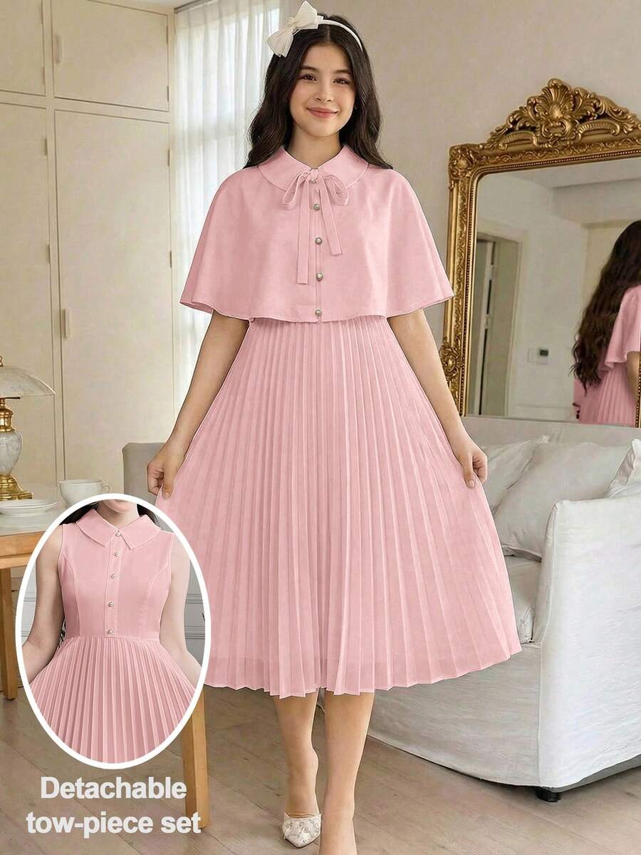 SHEIN Set Gaun Tanpa Lengan Berlipit dan Selendang Pesta Elegan untuk Remaja Perempuan - Berwarna merah muda - View 1