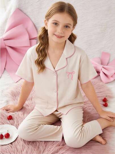 2pcs/Set Girls Apricot Bowknot Minimalist Print Design Short Sleeve Collared Cardigan And Pants, Comfortable Loose Fit Casual Homewear Light Pink Pajama Set