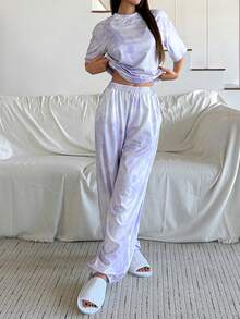 DAZY 女士扎染渐变舒适圆领长袖上衣和裤子睡衣套装 - 紫色 - 查看 6