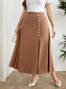 Modelyn Plus Size Women Solid Color Elastic Waist Faux Pearl Decor Casual Skirt - Pale Yellow - View 6