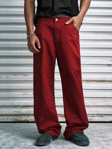 Modcrash 1件 Infinite Jeans 男士休闲直筒牛仔裤，高品质品牌舒适裤装，适合外出穿着（不含腰带和配饰），复古美式，男女皆宜，宽松版型夏季服装——适合日常穿着和夏季度假穿着。 - 酒紅色 - 查看 5