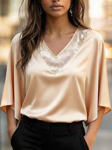 Franclia Elegant Champagne Gold Summer Satin Blouse For Women,Aniversary French Style V-Neck Batwing Sleeve Shirt,Sequins Embellishment Smooth Fabric Top - Champagne - View 7