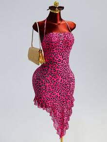 Lureya 女士时尚针织吊带衫几何豹纹短款不规则荷叶边下摆优雅浪漫度假休闲日常约会晚餐春夏连衣裙 - 彩色 - 查看 5