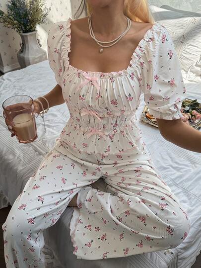 CottageSlumber Sweet Ditsy Floral Square Collar Ruched Bow Tie Women Pajama Set