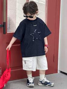 Dazy Kids 男童宽松休闲牛仔T恤，星形图案，夏季 - 深色水洗藍 - 查看 3
