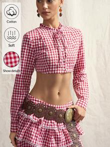 SHEIN ICON Áo sơ mi nữ tay dài dáng ngắn kẻ caro thắt nơ phía trước, kiểu dáng thời trang. - Đỏ - Xem 3