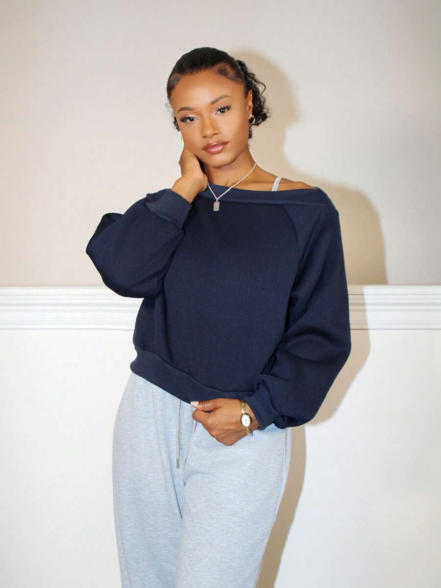 Steph T Women Off Shoulder Long Sleeve Sweatshirt,Long Sleeve Tops,Fall Clothes - Navy Blue - View 1
