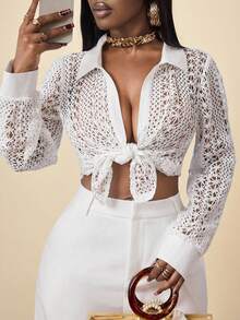BamGleam Women's Fashionable Sexy Hollow Button Shirt, White Crochet Lace Blouse, Beach, Summer Vacations, Spring Breaks, Wedding Guest, Birthday, Elegant Party Blouse, Carnival Women Look 2026Summer - White - View 3