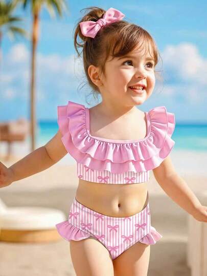 2pcs Baby Girls' Butterfly & Striped Print Ruffle Trim Beach/Swimming Suit Set