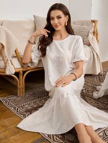 SHEIN Bubble Wrinkle Print Ruffle Hem Long Nightgown For Women - Apricot - View 4