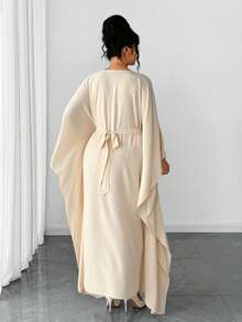 Elenzga Plus Size Women's White Autumn Modest Crinkle Elegant Office Middle Eastern Round Neck Cinched Waist Batwing Sleeve Abaya Maxi Dress - Apricot - View 2