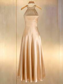 GlowEve Pearls Beaded Halter Neck Backless Dress - Apricot - View 2
