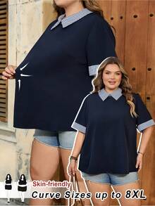 SHEIN CURVE+ Curve 尺码 US22 音乐节、海滨度假、波西米亚风女士撞色千鸟格翻领休闲宽松衬衫 - 藏蓝色 - 查看 1