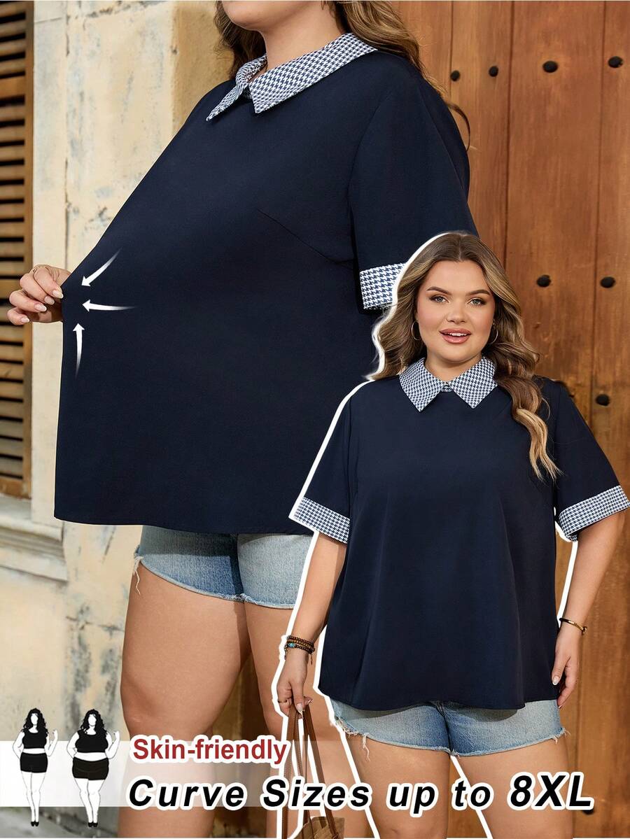 SHEIN CURVE+ Curve 尺码 US22 音乐节、海滨度假、波西米亚风女士撞色千鸟格翻领休闲宽松衬衫 - 藏蓝色 - 查看 1