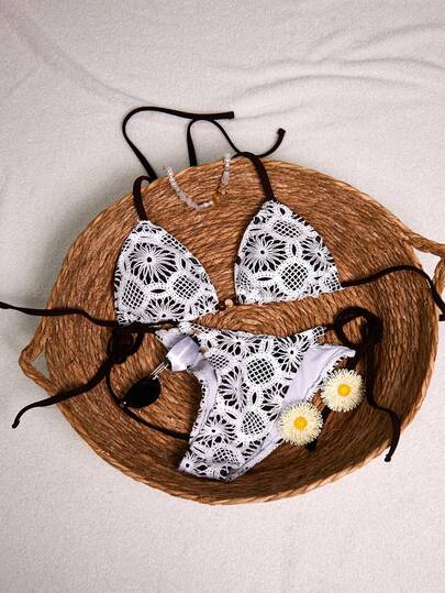 Swim Vcay Hollow Pattern Jacquard Textured Vintage Casual Vacation Beach Women Swimwear Set