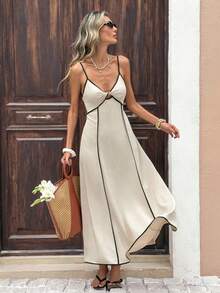 SHEIN Frenchy 女士撞色滚边前扭结露背吊带连衣裙 - 杏色 - 查看 6