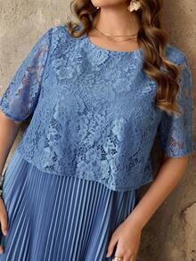 Roveilla 大码女装春夏新款婚礼宾客浪漫连衣裙，新娘礼服，晚礼服，正式女士礼服，优雅蕾丝拼接连衣裙，宽松长裙 - 藍色 - 查看 5