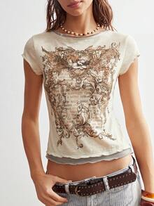 Bohemela 波西米亚风美式休闲天使图案拼接圆领短袖修身女式T恤 - 杏色 - 查看 4