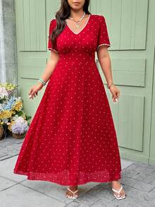 Vionelle Vestido negro con estampado floral diminuto y encaje blanco en escote en V de talla grande, vestido rojo midi de primavera/verano, vestido rojo casual, vestido rojo, vestido de lunares, vestido rojo de mujer, vestido rojo de lunares, vestido rojo de verano, vestido rojo de mujer, vestido midi de verano - Rojo - Ver 6