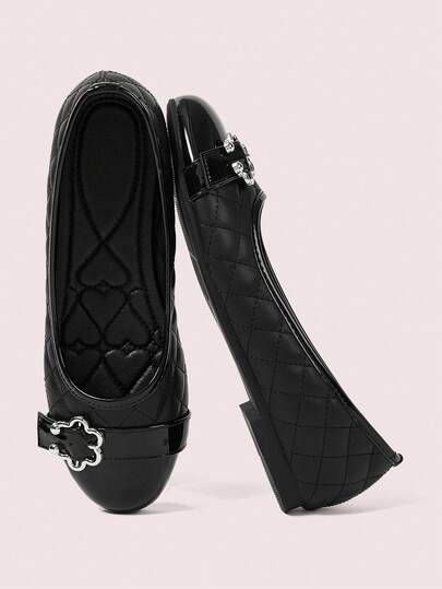 CUCCOO DOLLMOD 亮黑色菱形格纹花卉装饰平底乐福鞋，可爱甜美柔软萌系百搭日常女童鞋