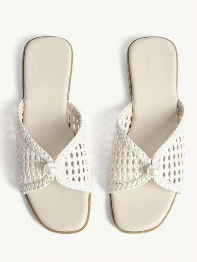 CUCCOO CHICEST Women's Woven Pearl Decor Breathable Sandals, Suitable For Beach And Street Walking, Autumn/Summer Wedding Shoes Spring Shoes Bride Shoes