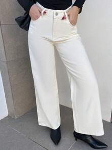 Hitanina 女士宽松休闲直筒牛仔裤，夏季新品 - 卡其色 - 查看 3