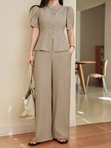 Dazy-Less Women's Solid Color Stand Collar Single-Breasted Short Sleeve Top And Wide Leg Pants Casual Commute Travel Suit Set Business Casual Woman - Khaki - View 6