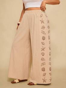 Travachic 大码女式海星印花复古阔腿休闲裤，适合海滩度假 - 卡其色 - 查看 4