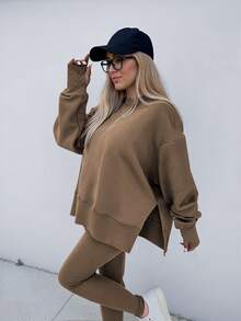 INAWLY Setelan 2 Potong Atasan dan Celana Panjang Lengan Panjang Leher Bulat Minimalis Warna Polos untuk Pakaian Sehari-hari Wanita - Khaki - View 6