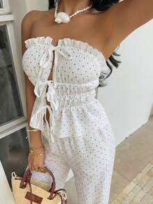 Sunnyshic Bộ đồ gồm áo quây không dây buộc phía trước và quần ống rộng cạp cao bằng vải cotton hữu cơ in chấm bi trắng, kiểu dáng thanh lịch, thoải mái, thích hợp cho kỳ nghỉ hè, đi biển dành cho nữ. - trắng - Xem 6