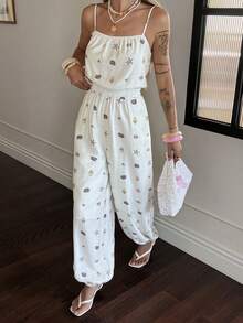 Livesso 女士休闲印花连体裤 - 米色 - 查看 5