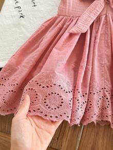 Babygirl Cute Vacation Casual Lotus Pink Ruffle Embroidered Pattern Dress - Pink - View 4