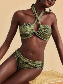 Travachic Women's All-Over Print Halter Neck Backless Bikini Set - Multicolor - View 5