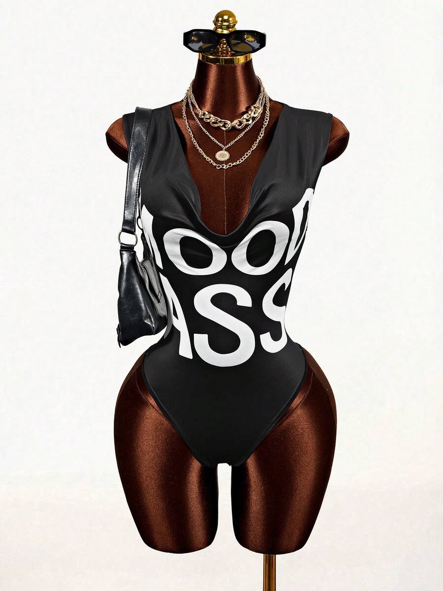 Mistrie Women's Letter Print Plunging Neck Sleeveless Bodysuit - Black and White - View 1