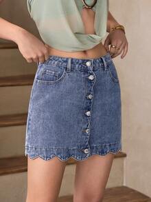 Selenza 女士休闲无弹力优雅水波纹牛仔裙 - 淺色水洗藍 - 查看 5