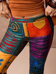 ROMWE PETITE 春夏朋克风拼接印花喇叭裤 - 橘色 - 查看 3