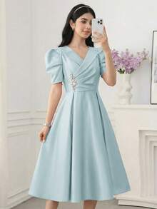 SHEIN Teen Girls Green Satin Gigot Sleeve A-Line Party Evening Dress - Green - View 3