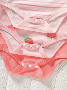3件套新生儿草莓印花短袖连体衣套装，春夏款 - 彩色 - 查看 5