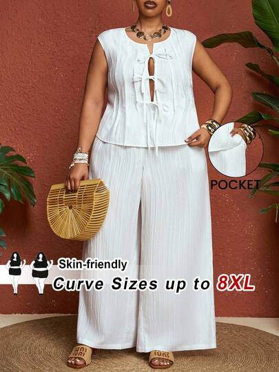 SHEIN CURVE+ Conjunto de estilo bohemio para mujer talla grande, ideal para playa, festivales de música y vacaciones tropicales. Conjunto informal de top corto sin mangas con volantes y lazos, y pantalones rectos con bolsillos, adecuado para uso diario en primavera/verano